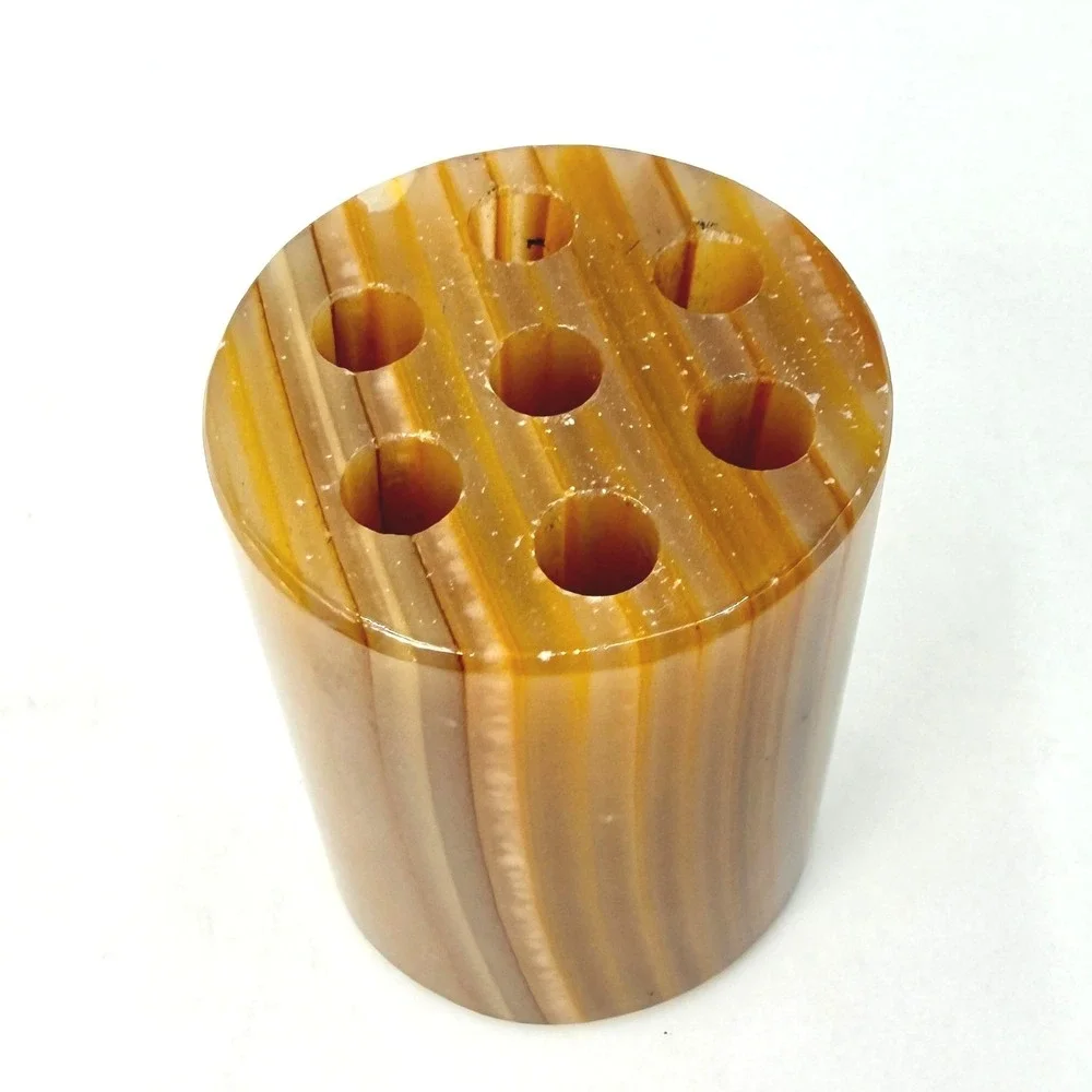 Vintage Banded Onyx‎ Stone Pen Holder Paperweight Brown Marble 7 Hole